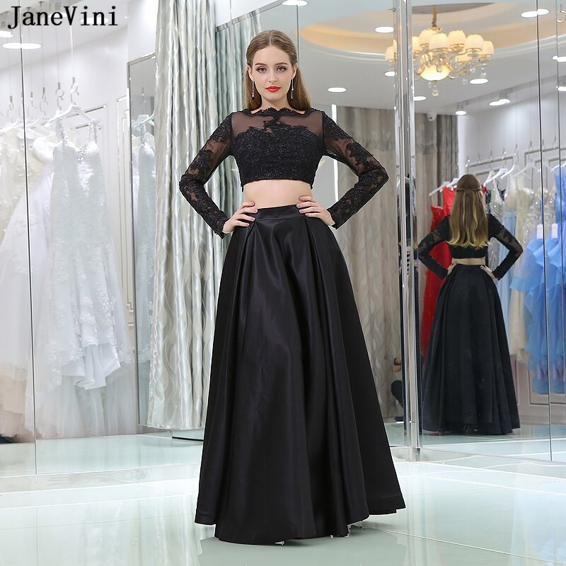 JaneVini-블랙 a라인 투피스 신부 들러리 드레스, 바닥 길이, 우아한 긴 소매 레이스 아플리케, 새틴 포멀 파티웨어 가운